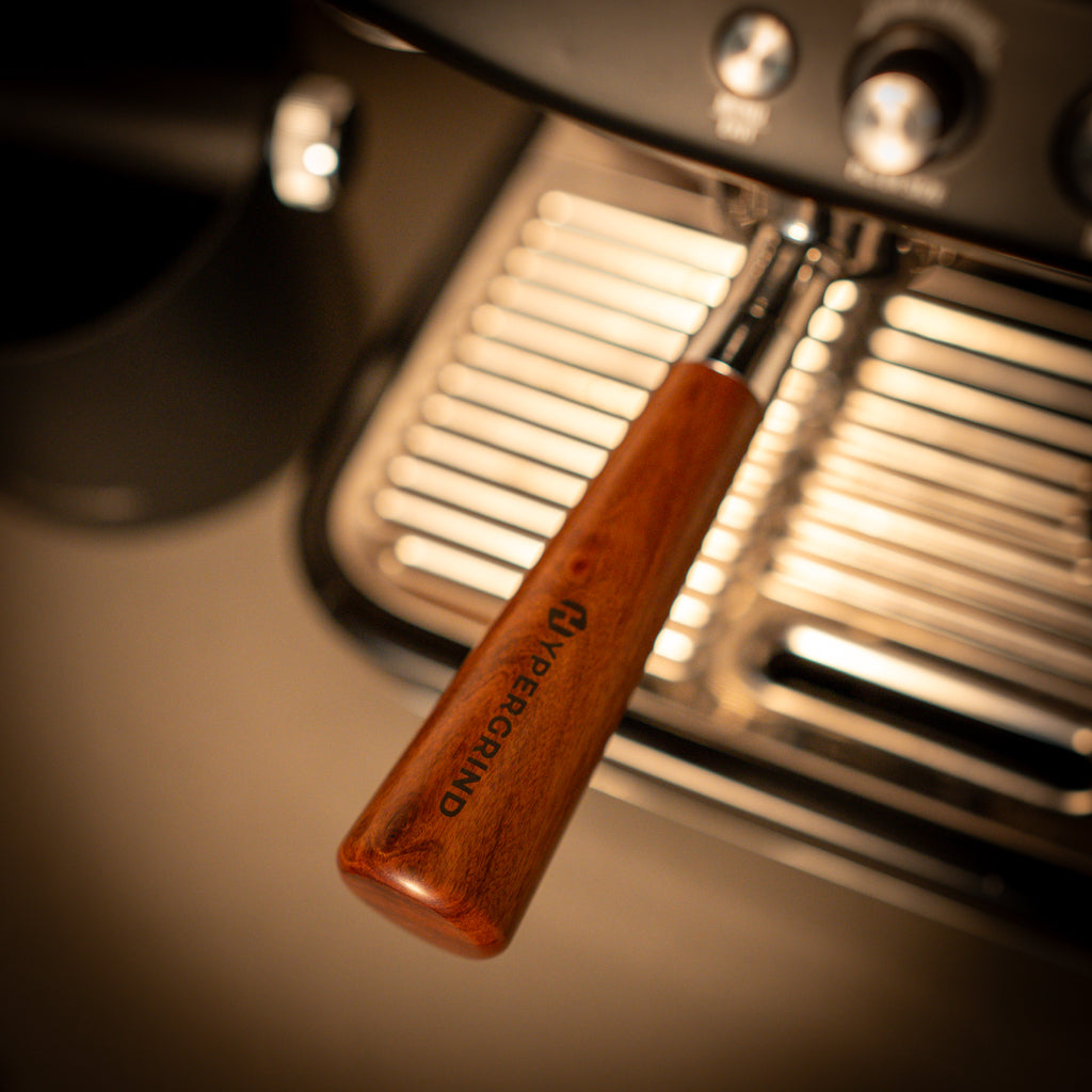 Breville 54mm Bottomless Portafilter (Rosewood) Straight in Breville Barista Pro