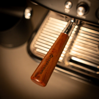 Breville 54mm Bottomless Portafilter (Rosewood) Straight in Breville Barista Pro